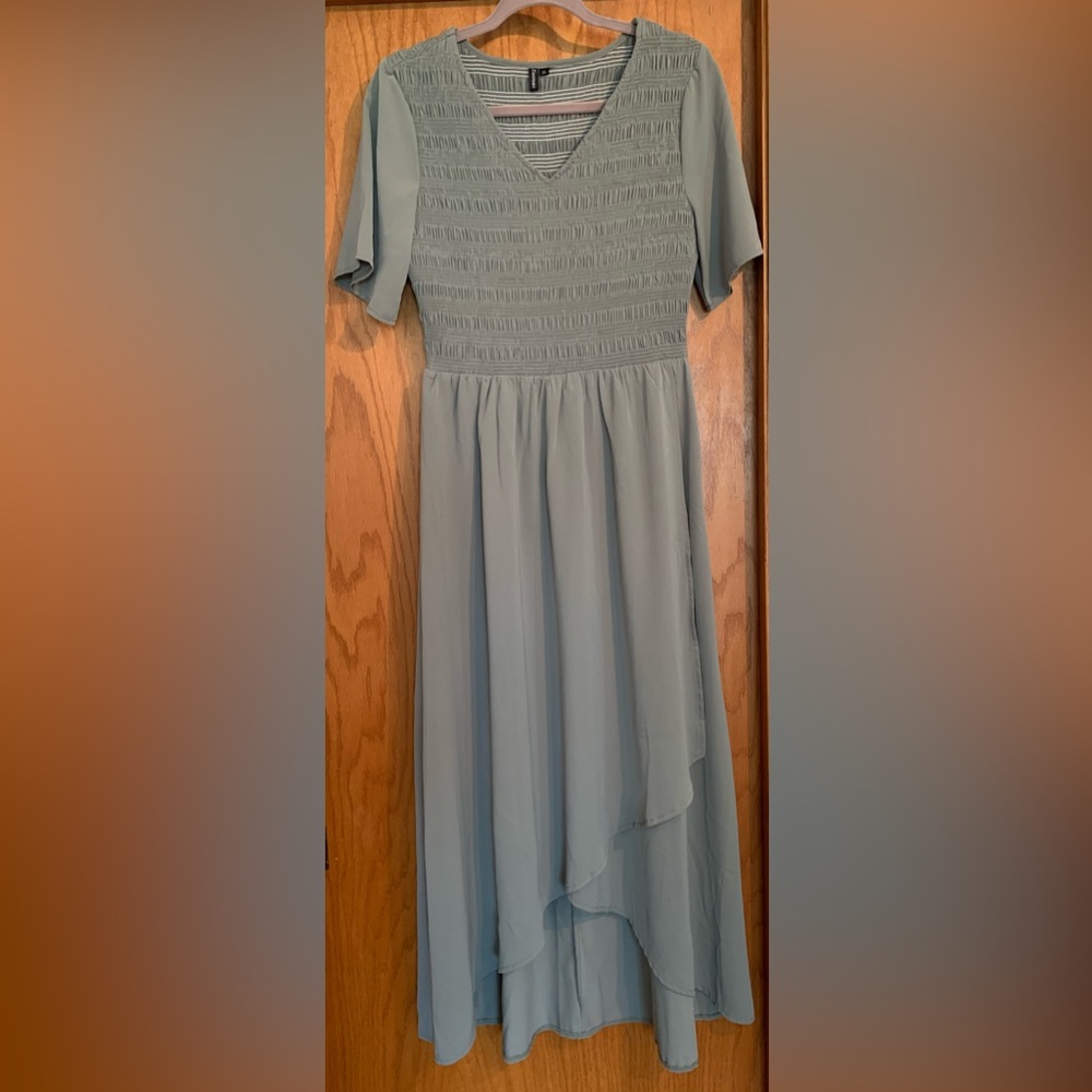 Sage Green Smocked Maxi Dress with High-Low Skirt